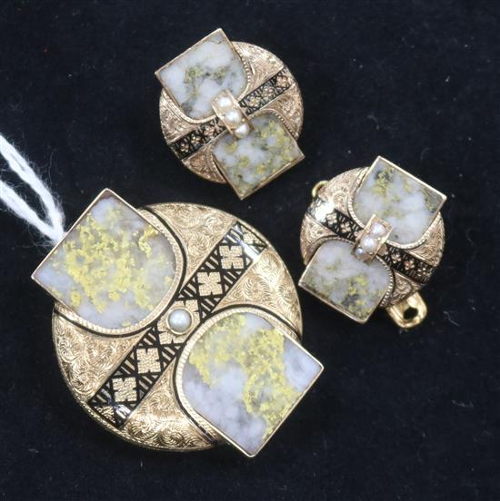 A pair of late Victorian gold enamel, fancy hardstone and seed pearl ear clips and matching brooch, 35mm.